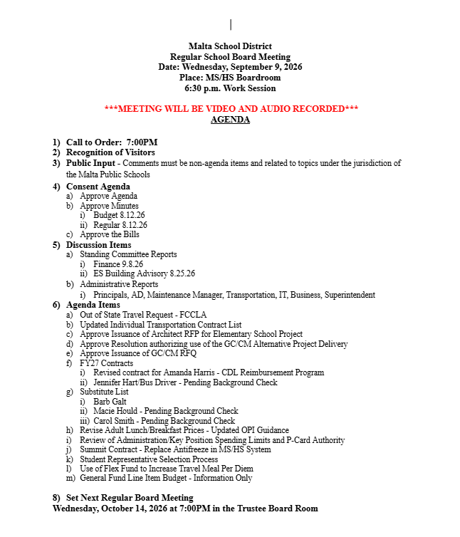 The agenda for the Board of Trustees meeting on 9/9/26 at 7PM