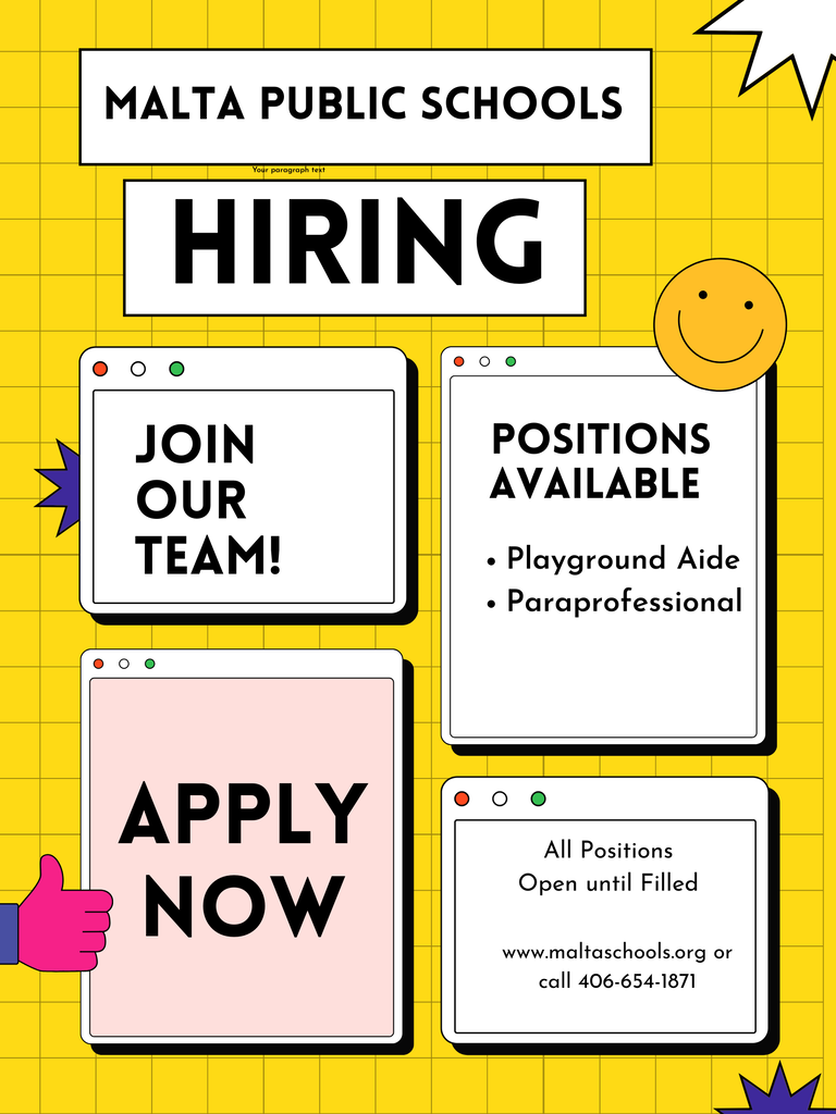 Bright yellow flyer advertising open positions at Malta Public Schools