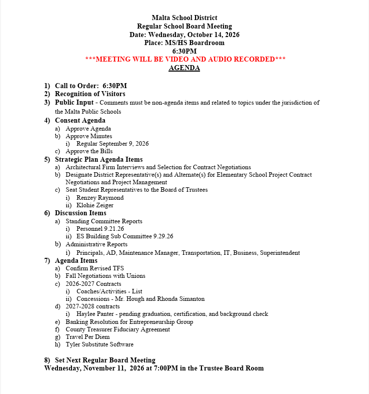 Board of Trustees Meeting October 14, 2026 at 6:30PM