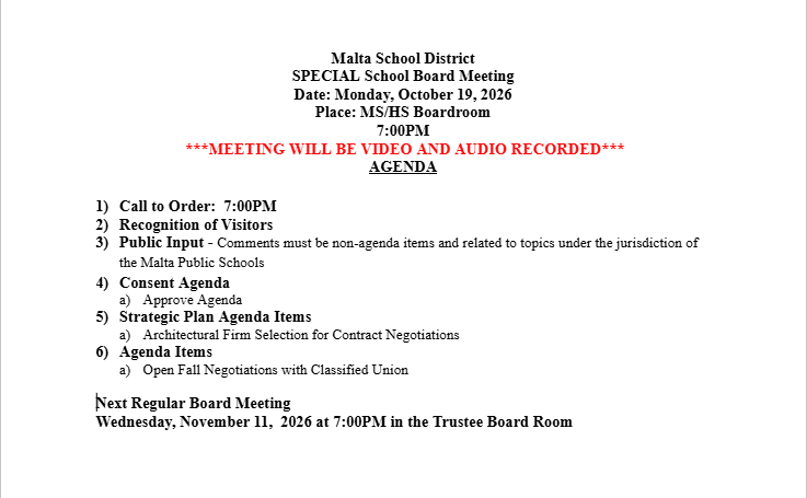 public notice of special board of trustees meeting 10.19.26 at 7PM