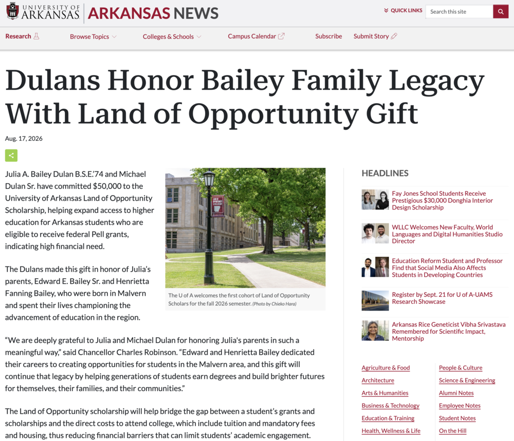 Dulans Honor Bailey Family Legacy with Univ of Ark Scholarship