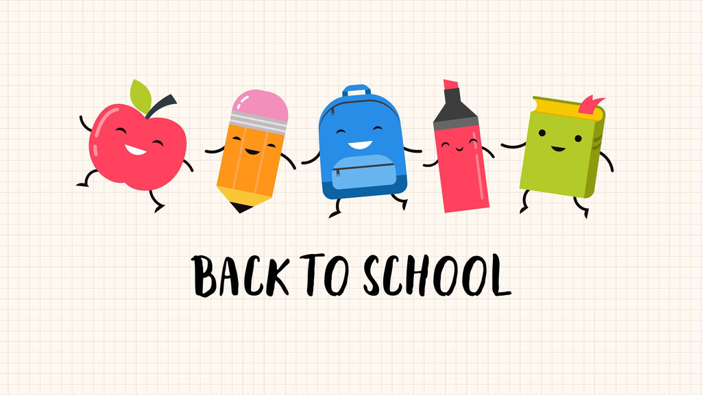 Back To School with images of an apple, pencil, backpack, marker, and book smiling in the background.