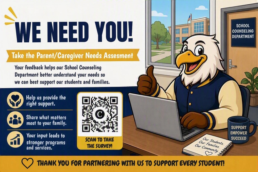 Image of a cartoon eagle, promoting a needs assessment with the QR Code .