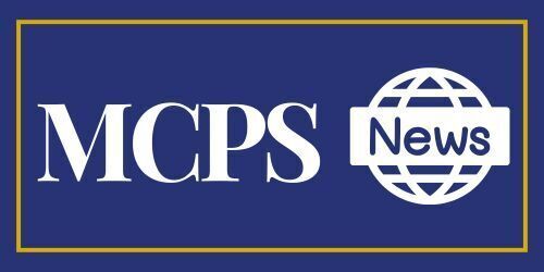 Blue rectangle with gold frame, text in white saying MCPS with News icon