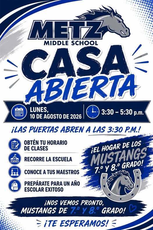Casa Abierta (Open House) el lunes 10 de agosto, de 3:30 p.m. a 5:30 p.m. 