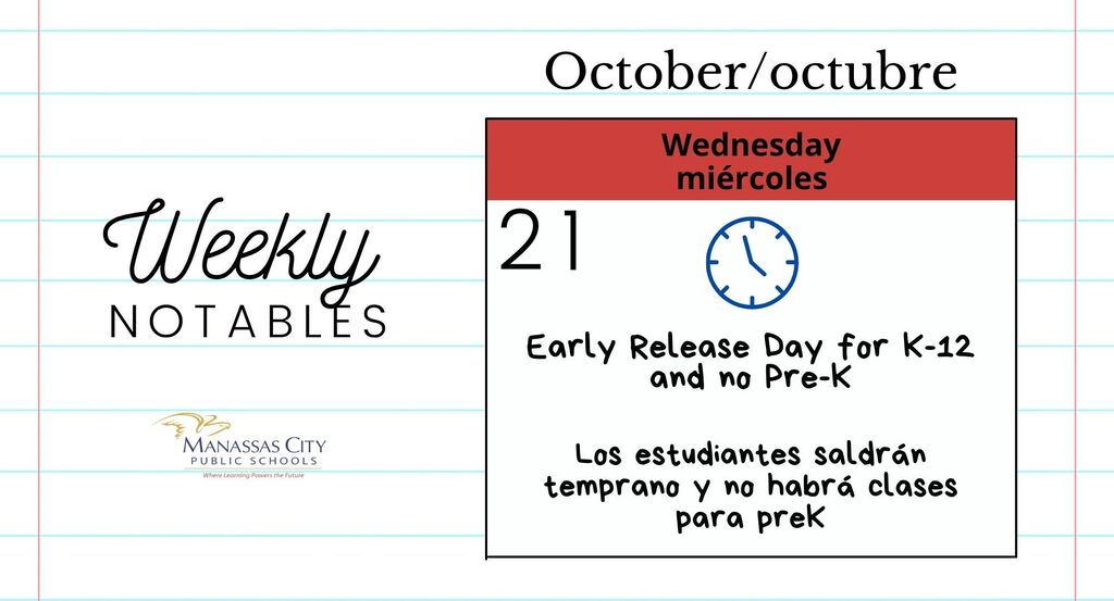 Calendar with Wednesday, October 21 marked as an early release day and no prek