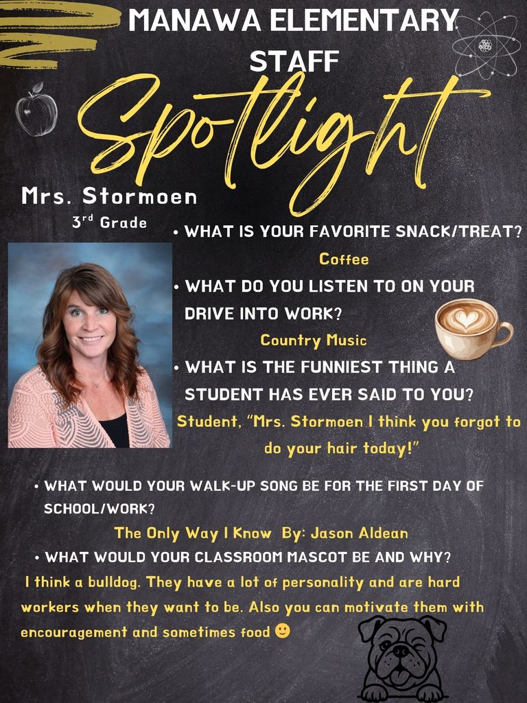 MES Staff Spotlight Mrs. Stormoen Black background yellow writing with her likes and shares