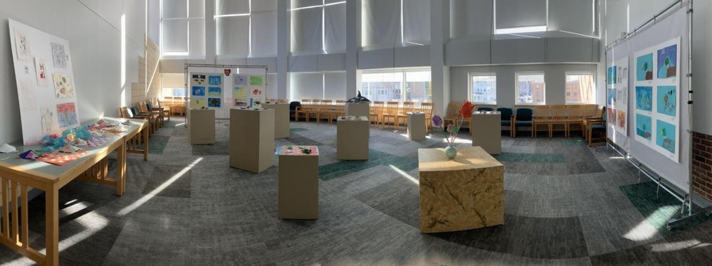 Central High School library set up for an art show about turtles