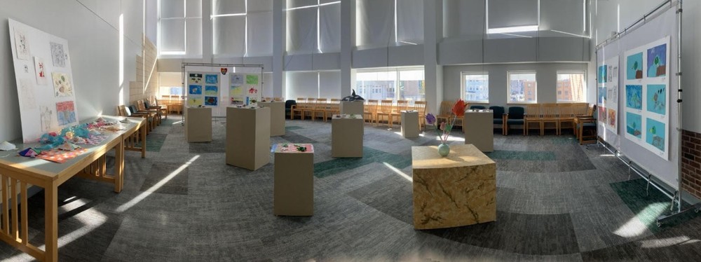 Central High School library set up for an art show about turtles