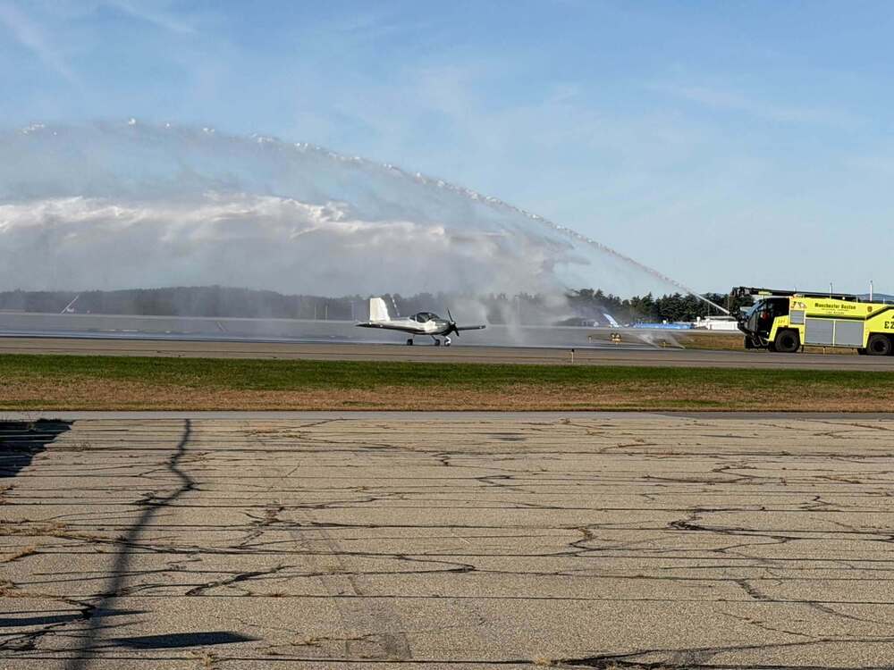 MST student built aircraft undergoing a water salute at MHT