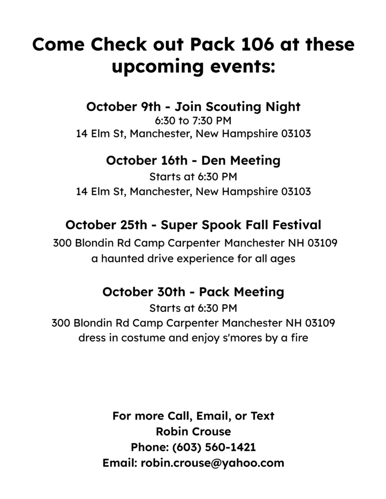 Flyer: Check out Pack 106 at these upcoming events!