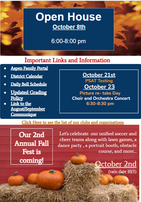 One page of the October newsletter that lists important links and advertises Open house on October 8th and the Fall fest on October 2nd