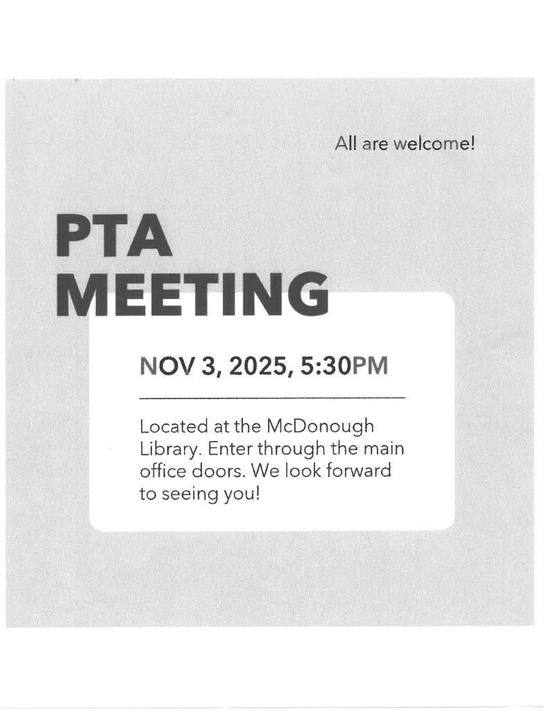 PTA Meeting - November 3 at 5:30. All are welcome!