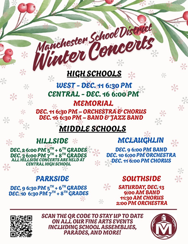 Schedule of Manchester School District's winter concerts. the poster has a green and red holly branch and snowflakes