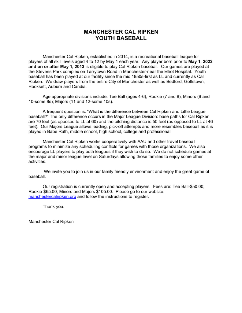 Flyer: Manchester Cal Ripken Youth Baseball 