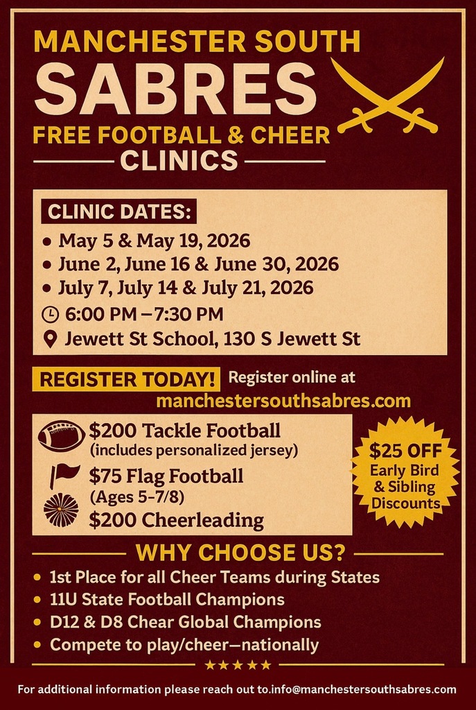 Flyer: Manchester South Sabres Free Football & Cheer Clinics