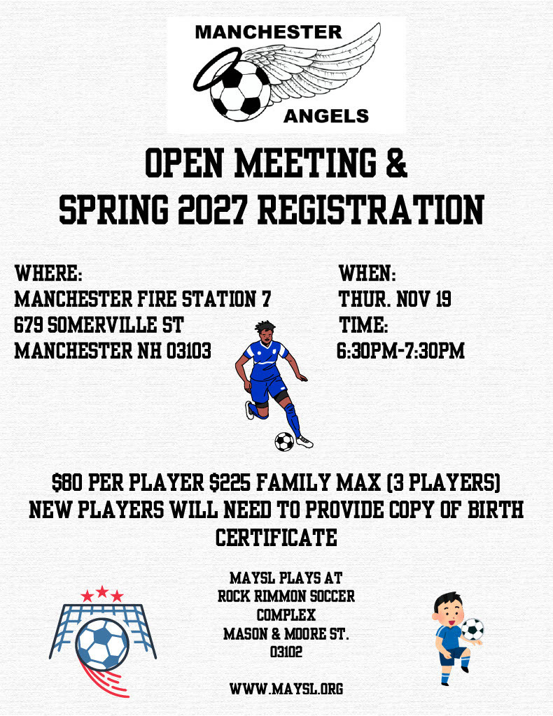 Flyer: Manchester Angels Open Meeting & Spring 2027 Registration