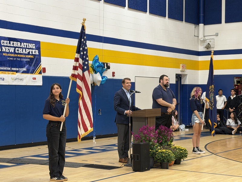 Ribbon cutting ceremony at McLaughlin Middle School for addition and renovation