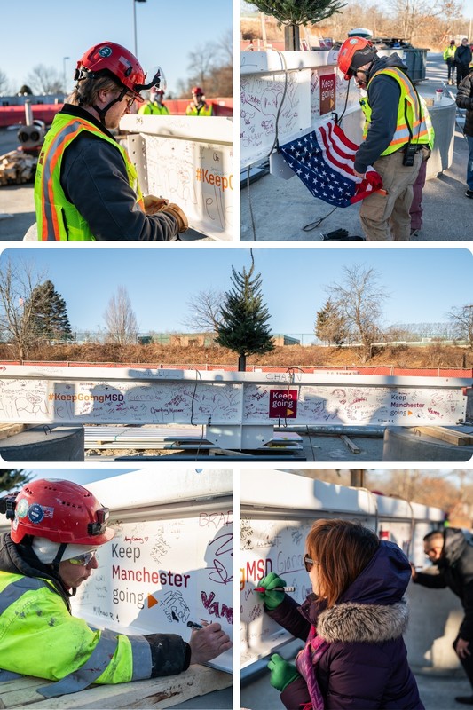 district leaders sign beem at mclaughlin topping off ceremony