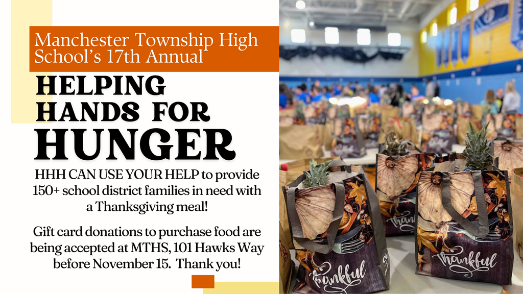 The season of giving is here! MTHS Helping Hands for Hunger is cooking up kindness for school district families this Thanksgiving. Please help donate gift cards to fill baskets with fresh food and love. Drop off by Nov. 18! Learn more at https://www.manchestertwp.org/article/2483825