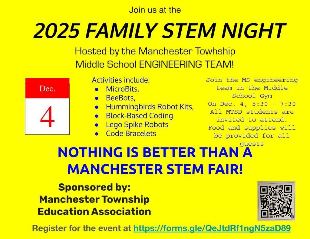 Join us for the Manchester STEM Fair on Dec. 4, 5:30-7:30 in the Middle School Gym. ALL MTSD students are invited to come out and explore MicroBits, BeeBots, Lego Spike Robots, coding, & more. Food & supplies provided. Registration required: https://forms.gle/QeJtdRf1ngN5zaD89