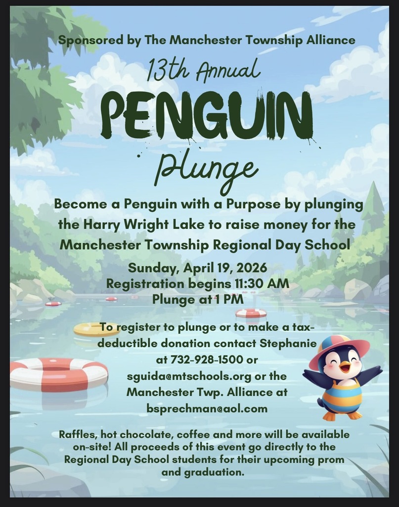 Take the plunge for a great cause! The 13th Annual Penguin Plunge, sponsored by the Manchester Township Alliance, returns to Harry Wright Lake on April 19. Help raise funds for Regional Day School students’ prom and graduation. Learn more or sign up at www.manchestertwp.org