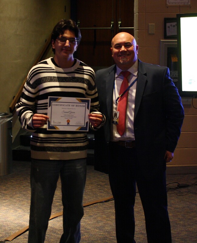MTHS student of the month receiving recognition at the BOE meeting