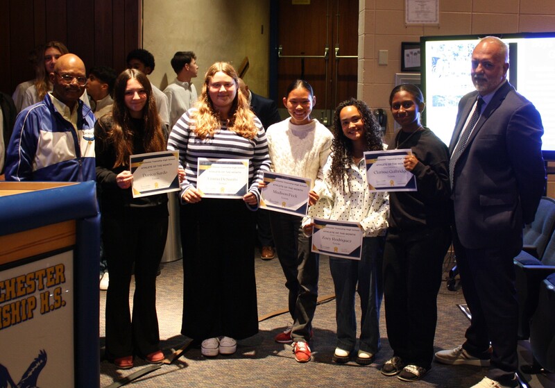MTHS Girls Tennis team receiving recognition at the BOE meeting