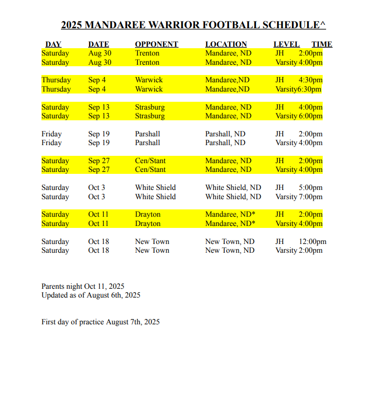 Mandaree Warriors Football Schedule