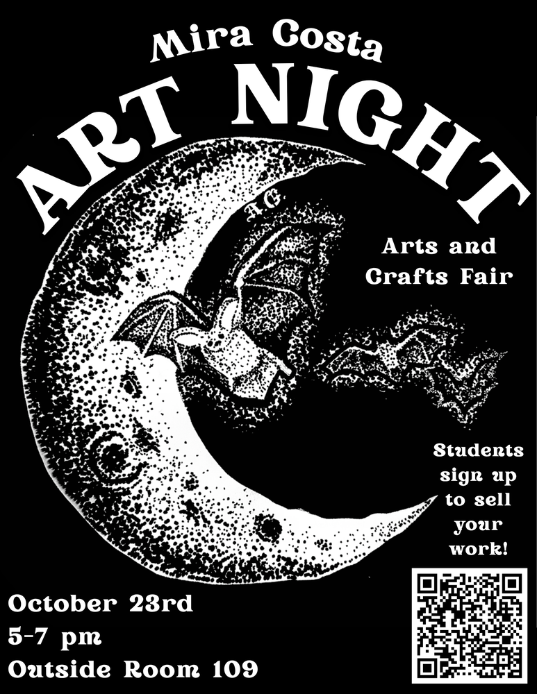 Art Night Poster, black with white moon and dragon
