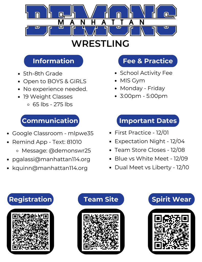 Wrestling Registration is open for the 25-26 season. Visit the Manhattan Demons Athletic page for the link and more information. 
