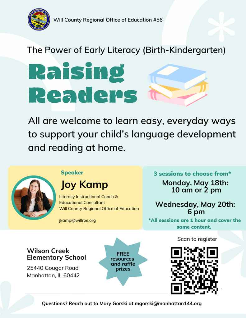 Flyer with "Raising Readers" title and "The Power of Early Literacy (Birth-Kindergarten)" subtitle. Text and QR code on a white background.