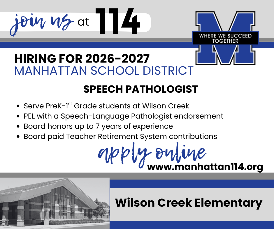 A blue and white poster for a job opening at Manhattan School District, featuring a link to apply online.
