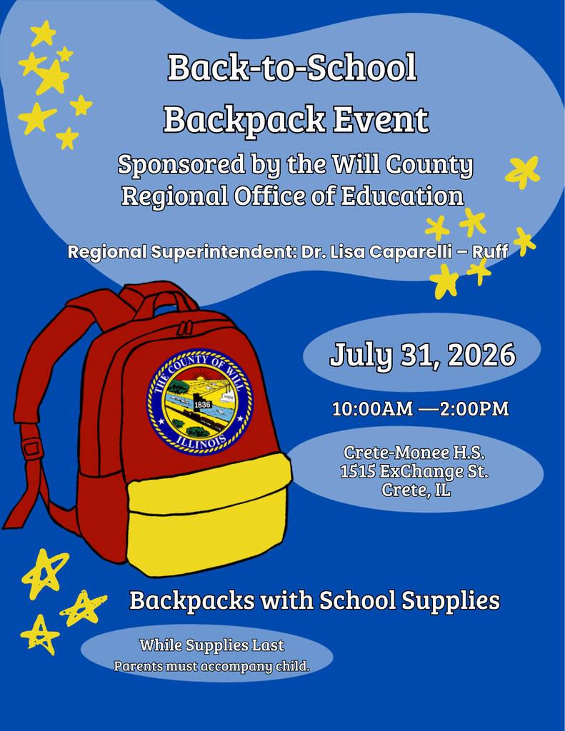 Blue and yellow event poster for a backpack event on July 31, 2026, from 10 AM to 2 PM.