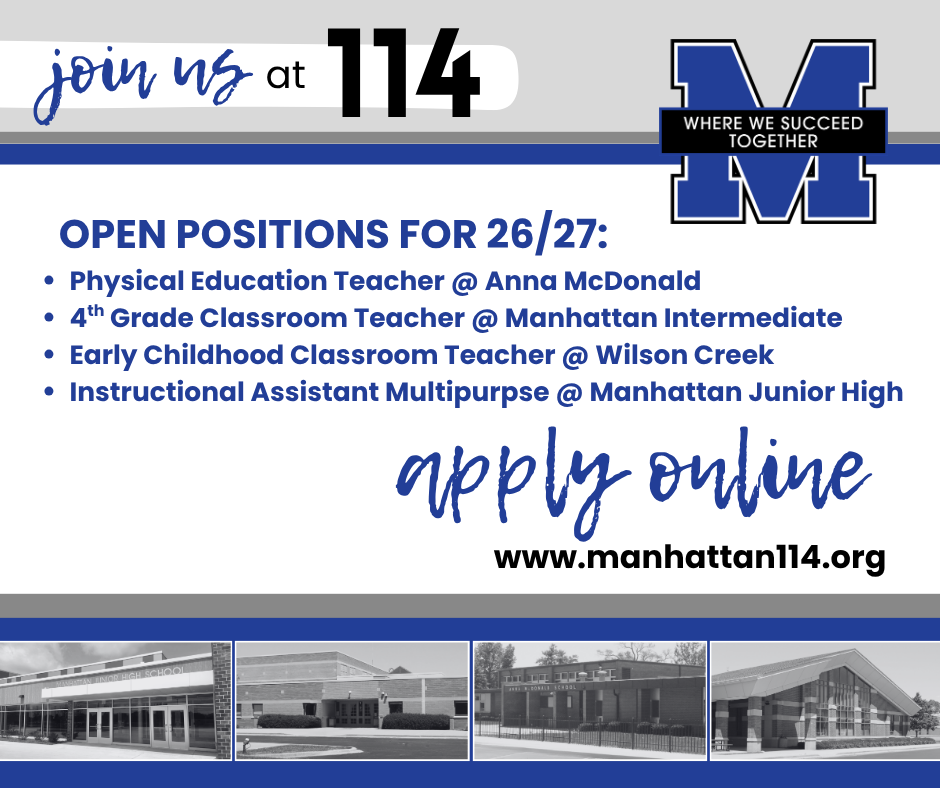 Advertisement poster for Manhattan 114 schools. Blue text highlights open positions and a website for applications.