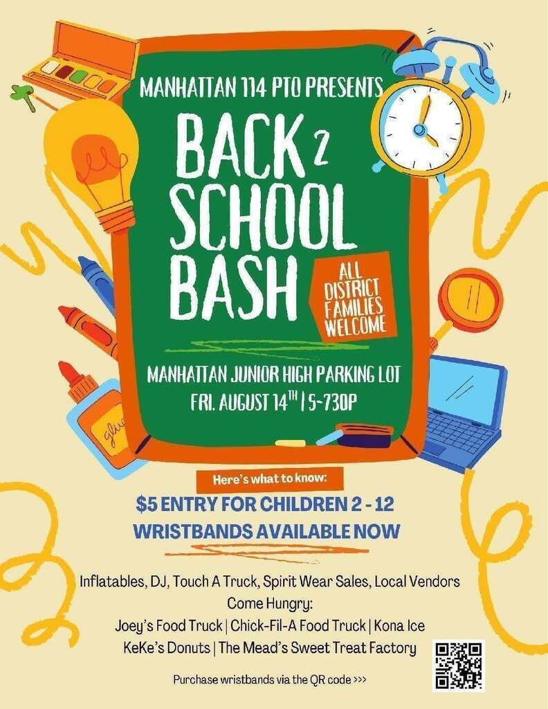 A vibrant flyer for a "Back 2 School Bash" at Manhattan Junior High Parking Lot. Features include a clock, books, and school supplies. Admission is $5 for children.
