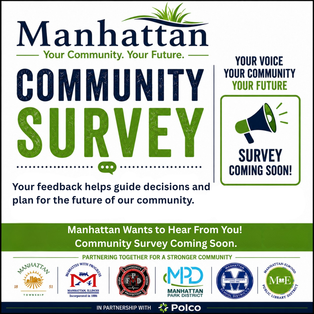 An advertisement with green and white colors promotes the Manhattan Community Survey. It mentions the survey is coming soon.