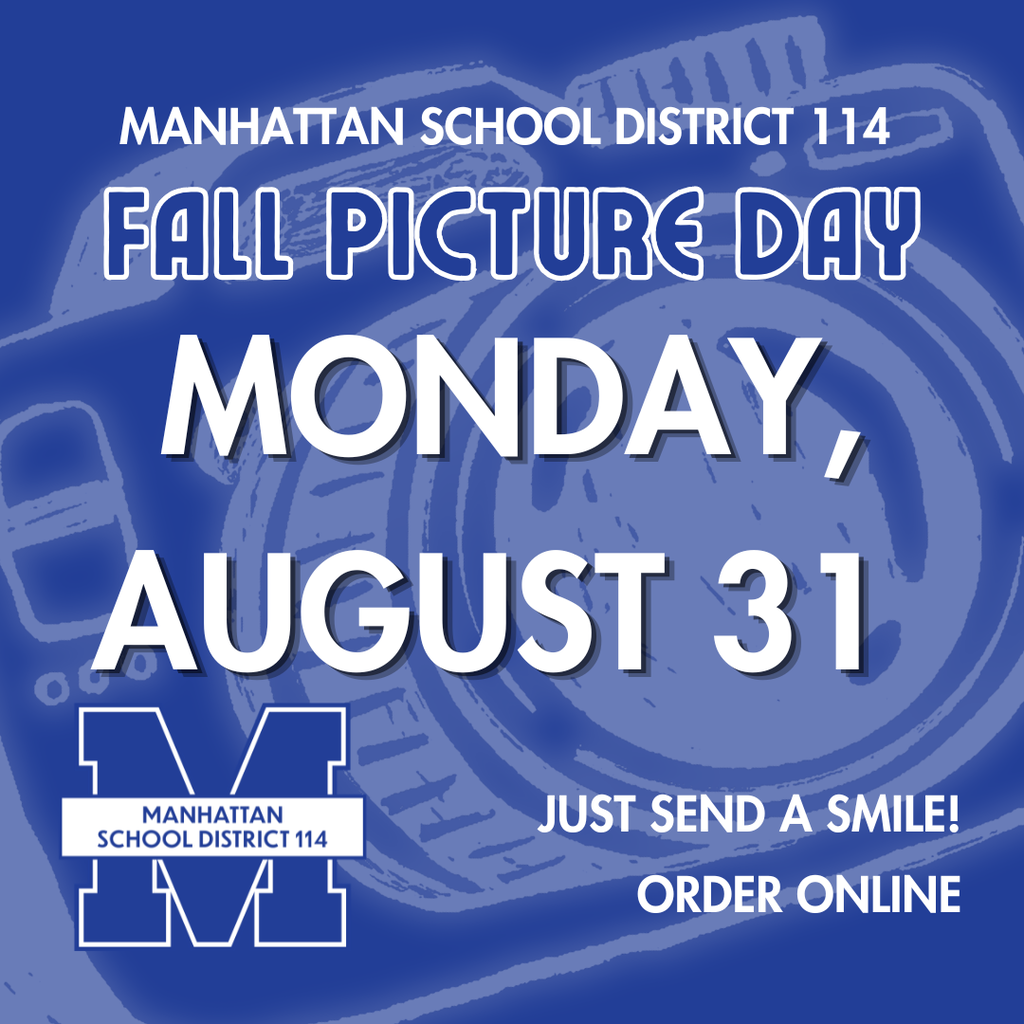 A blue background displays an ad for Fall Picture Day on August 31, inviting parents to order online.
