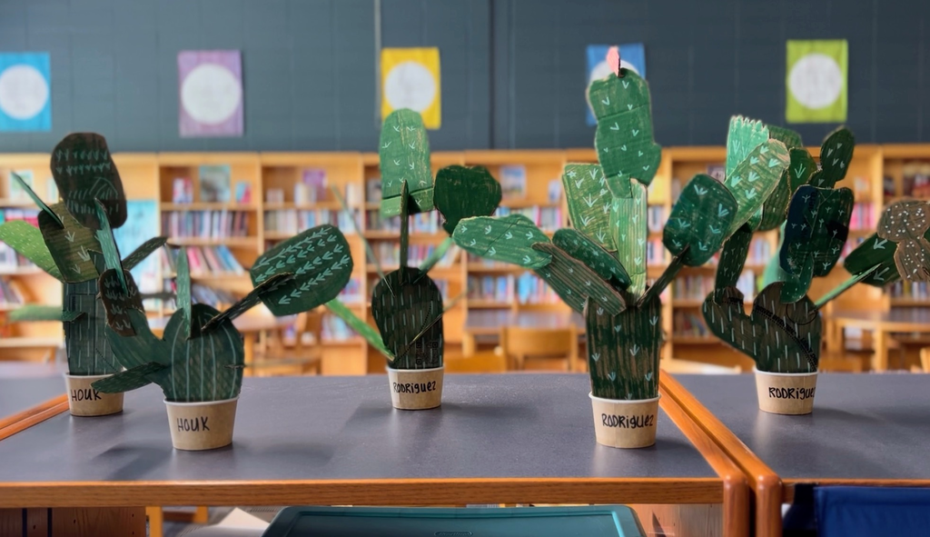 Several cactus models sit on a table in a classroom with bookshelves and colorful posters.