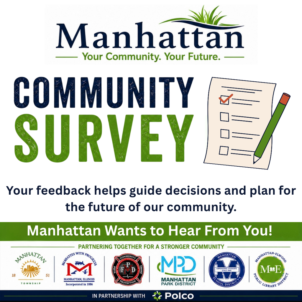 Advertisement for Manhattan Community Survey with a checklist, pencil, and logos for Manhattan, Manhattan Fire, and others.