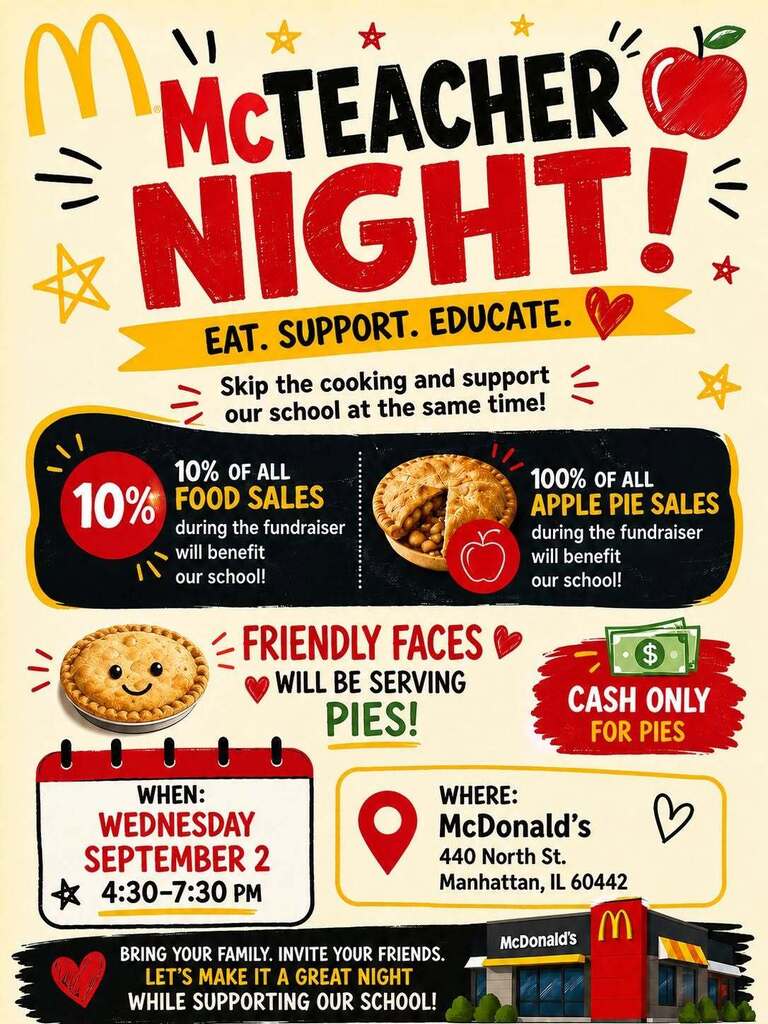 Flyer for McDonald's McTeacher Night. Event details: Wednesday, September 2, 4:30-7:30 PM. Location: McDonald's 440 North St, Manhattan, IL 60442.