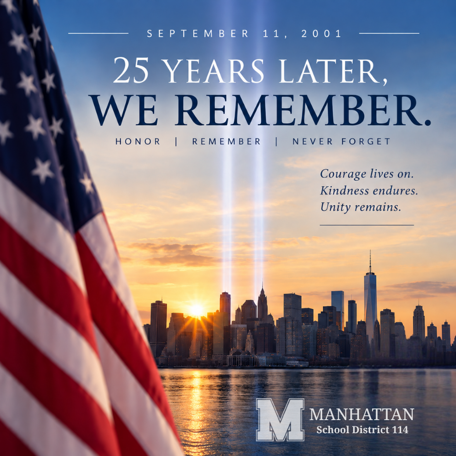 Memorial poster with flag, Manhattan skyline at sunset, and text: "25 Years Later, We Remember. Honor, Remember, Never Forget."