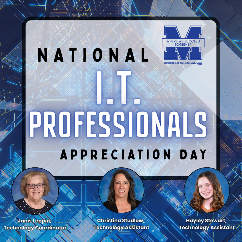 Blue background with a white border, blue "M" logo, text "National I.T. Professionals Appreciation Day", and three women's photos.