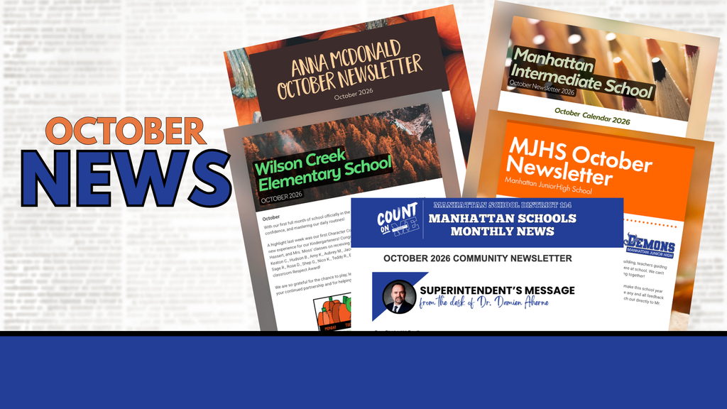 Newsletters with titles "OCTOBER NEWS", "MJHS October Newsletter", "Count Manhattan Schools Monthly News", and "Anna Mcdonald Newsletter" displayed.