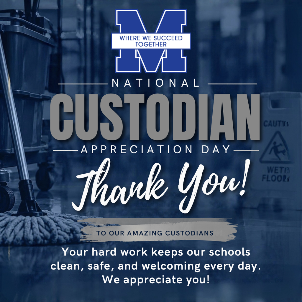Poster with "National Custodian Appreciation Day Thank You!" in bold white letters. Logo on top, a blurry image of a mop, and a blue and white background.