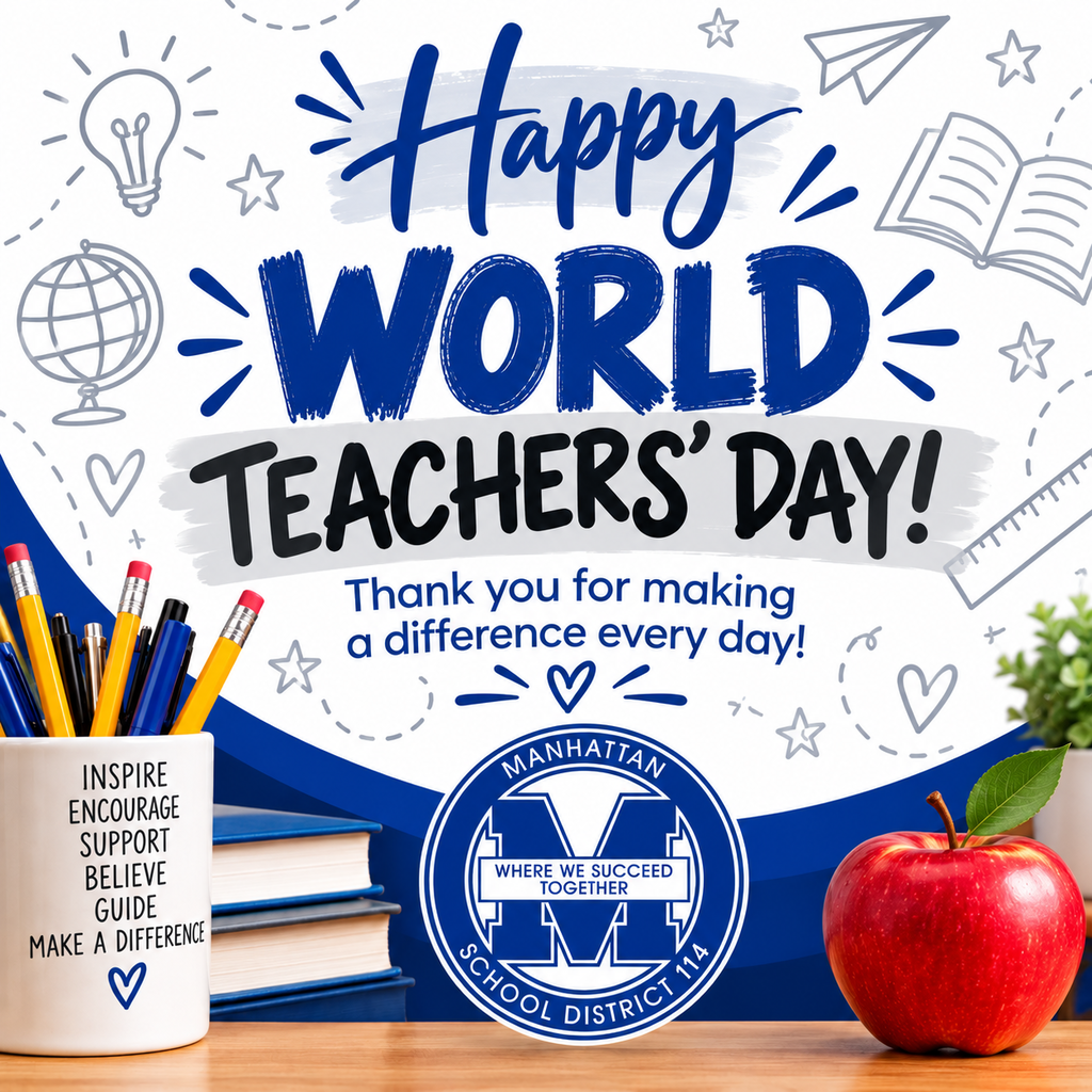 A poster reads "Happy World Teachers' Day!" with colorful illustrations. A cup, pencils, an apple, and books are on a table.