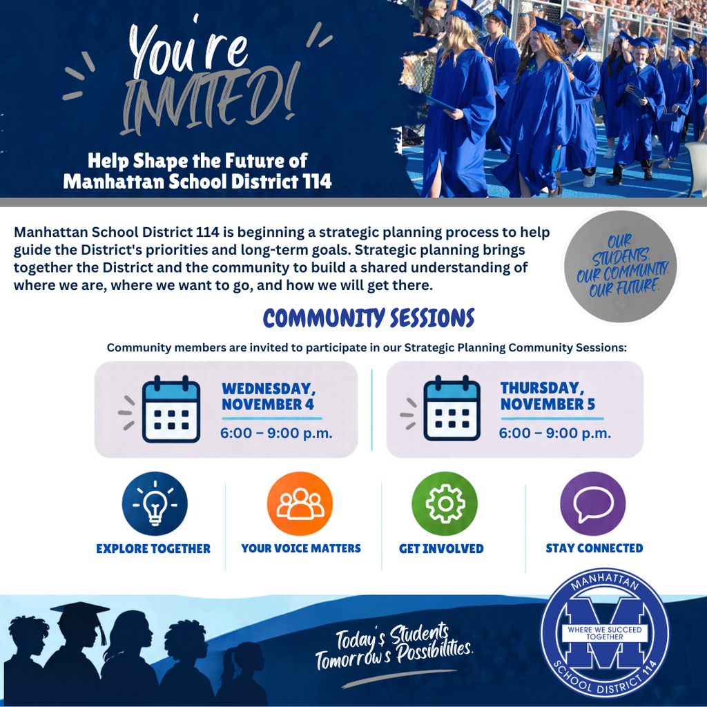A flyer with blue and white colors shows a group of students in blue robes and text about community sessions.