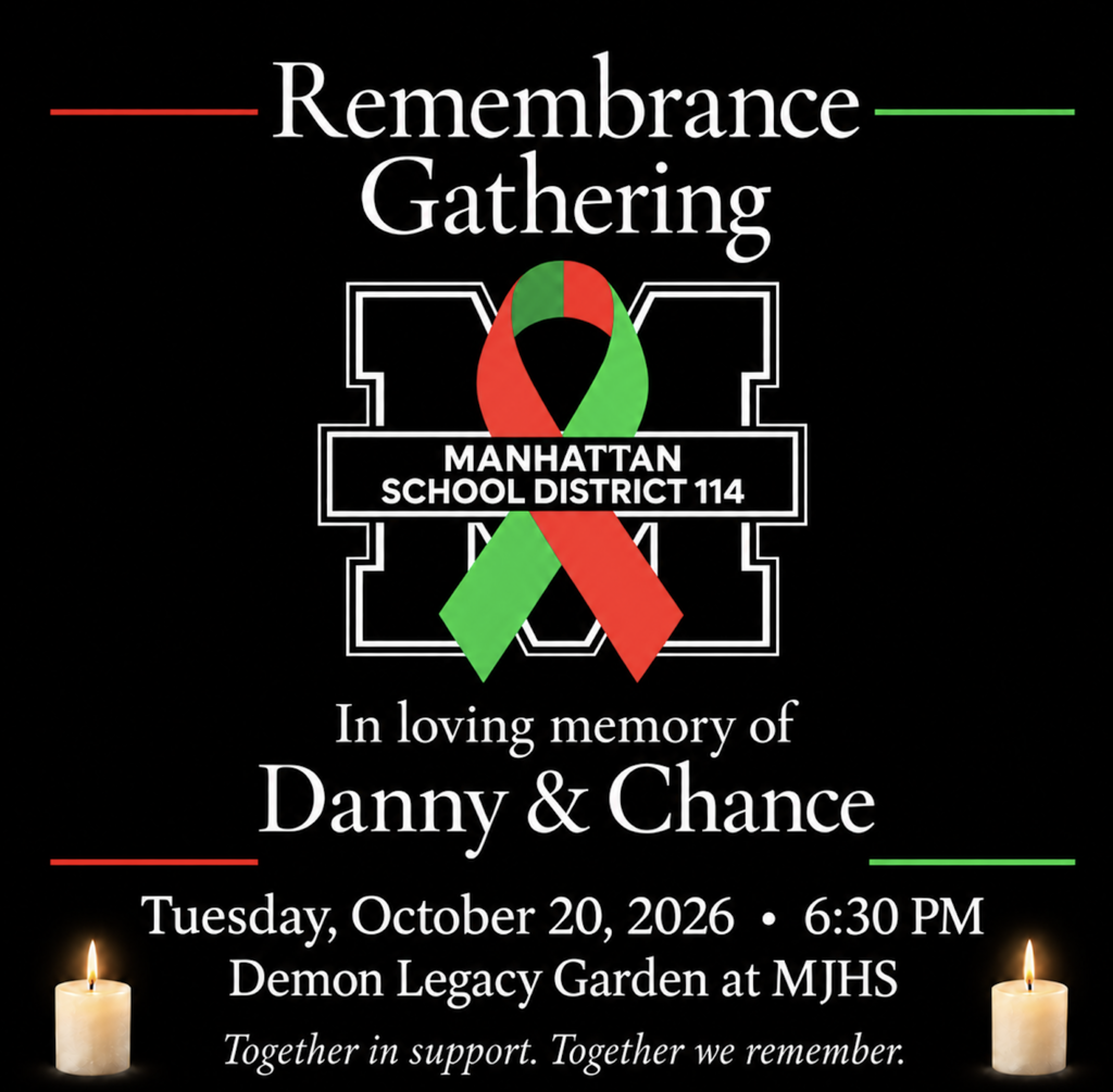 Black background with "Remembrance Gathering" text. Two ribbons: green and red. Names "Danny & Chance" below. Date: October 20, 2026, time: 6:30 PM. Candles at sides.