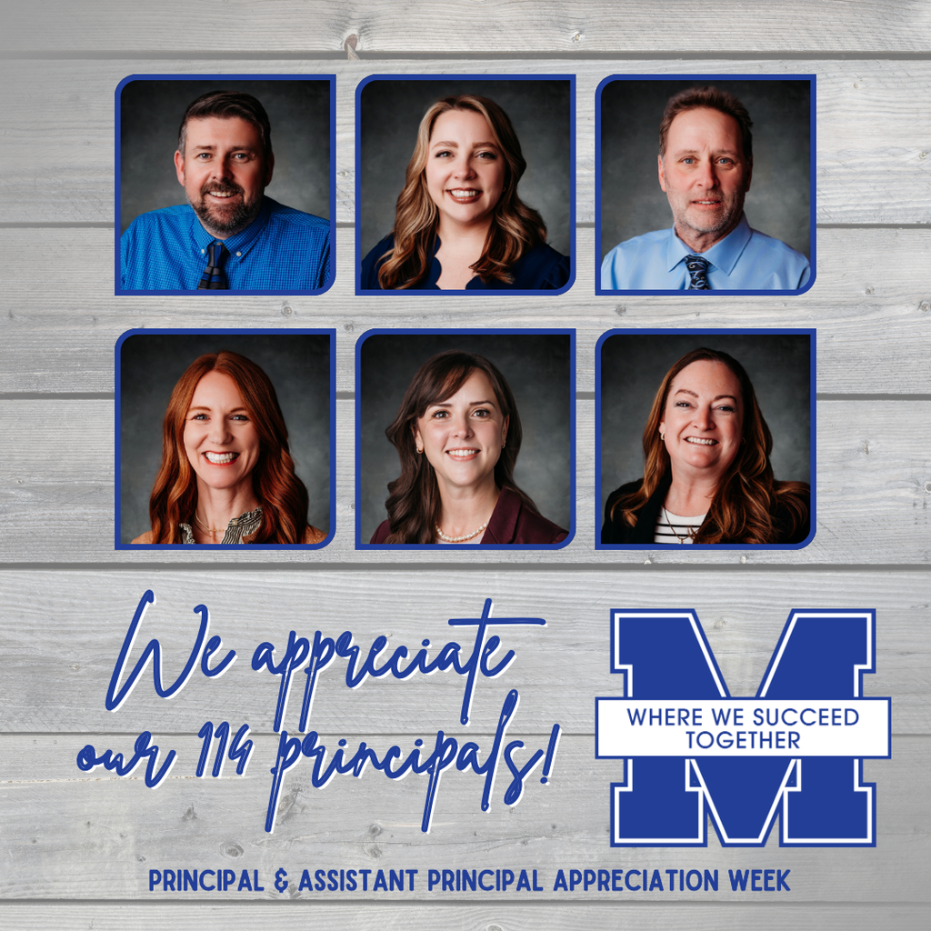 Five staff members in collared shirts, arranged in a grid, on a wooden background. Words read "We appreciate our 114 principals".