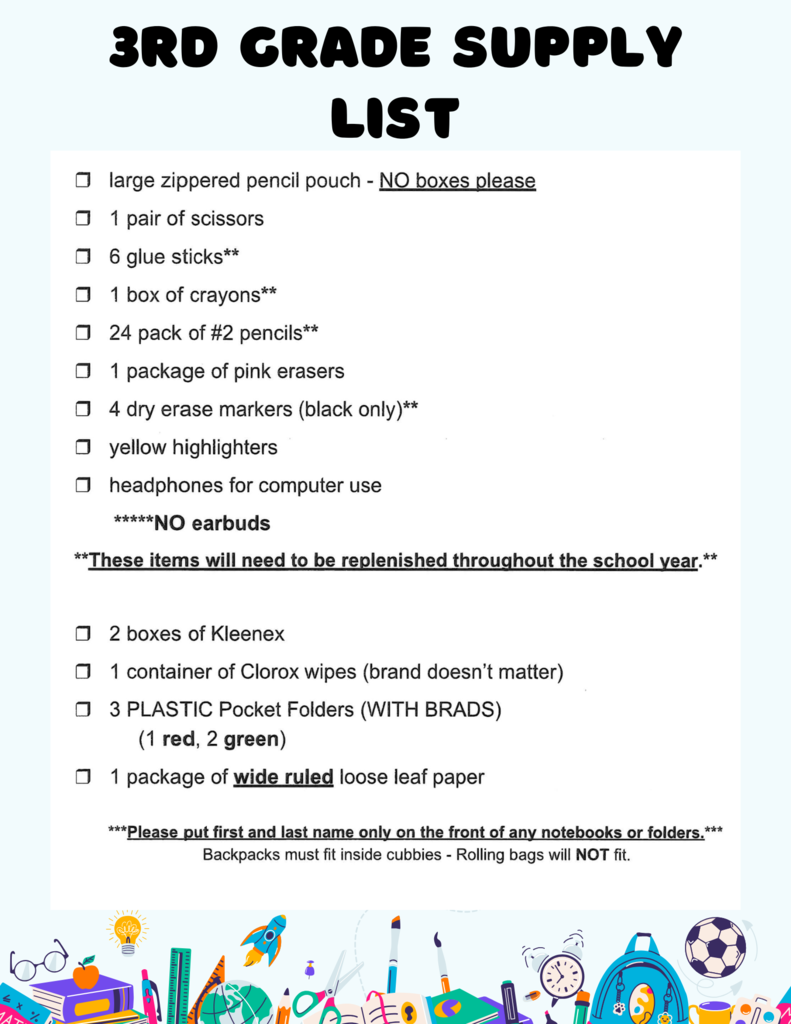 Blue background with list of school supplies and various school items on the bottom. 